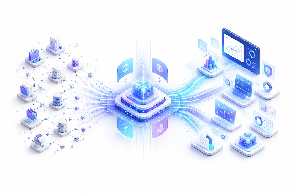 Isometric illustration of enterprise data flowing through an AI processing hub into analytics, dashboards, and secured business outcomes